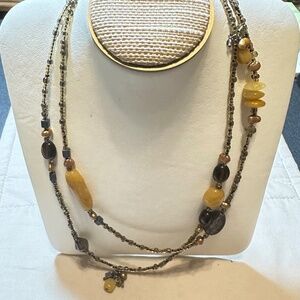 Freshwater Pearl, Citrine & Smoky Quartz Stone necklace 60” long, various colors